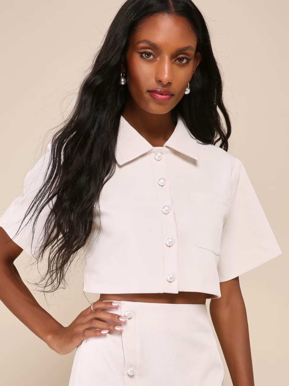 Undoubtedly Posh Cream Twill Pearl Cropped Shirt Jacket (Medium)